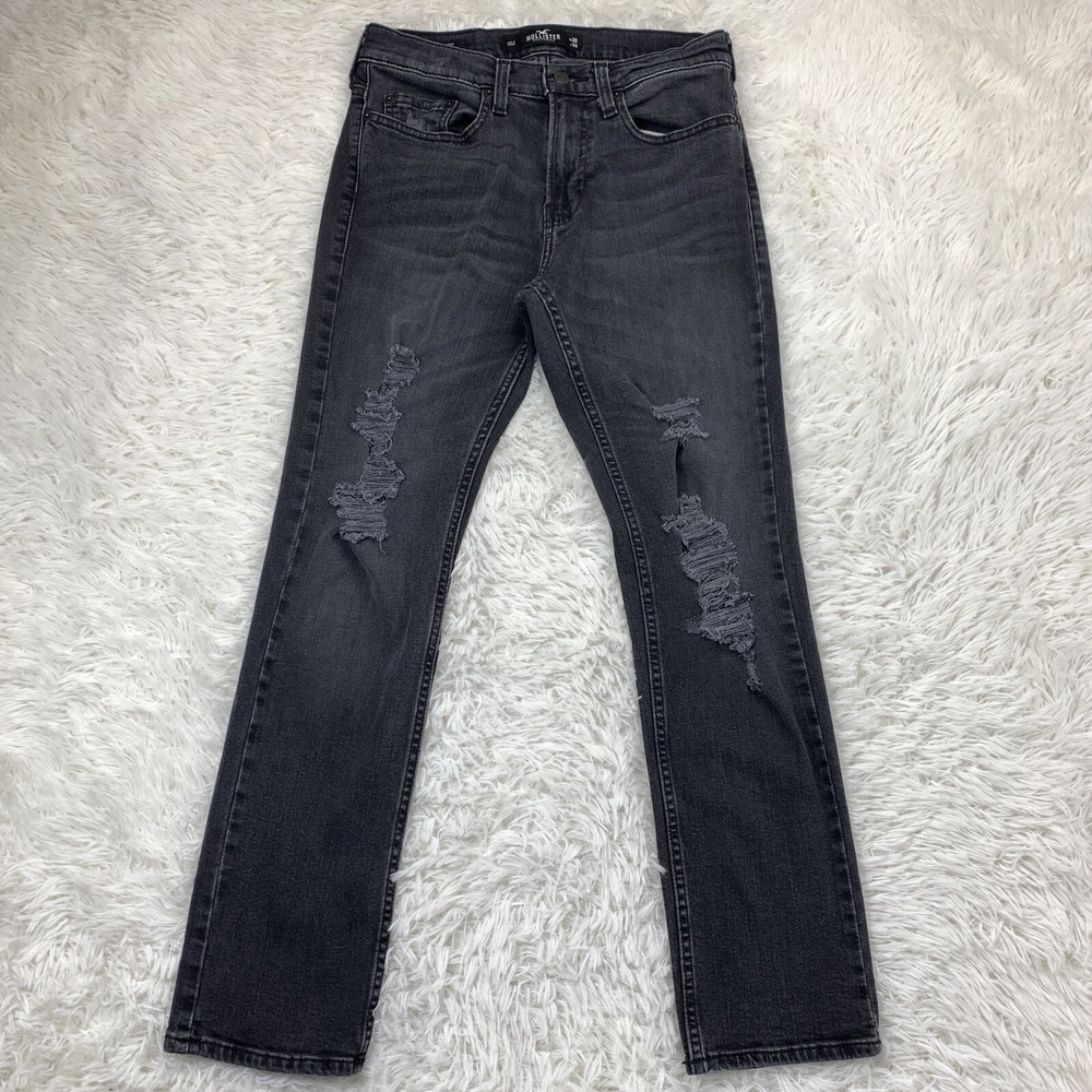Hollister Jeans Mens 28x30 Black Slim‎ Straight Distressed Destroyed Denim Punk
